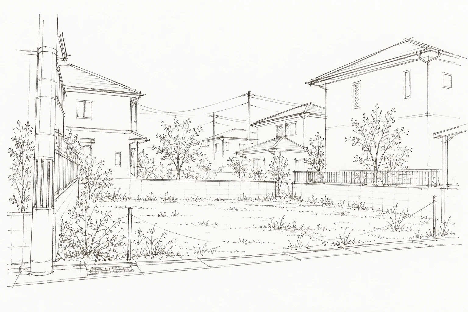 住宅地の敷地を手描きのアウトラインで描いたラフスケッチ